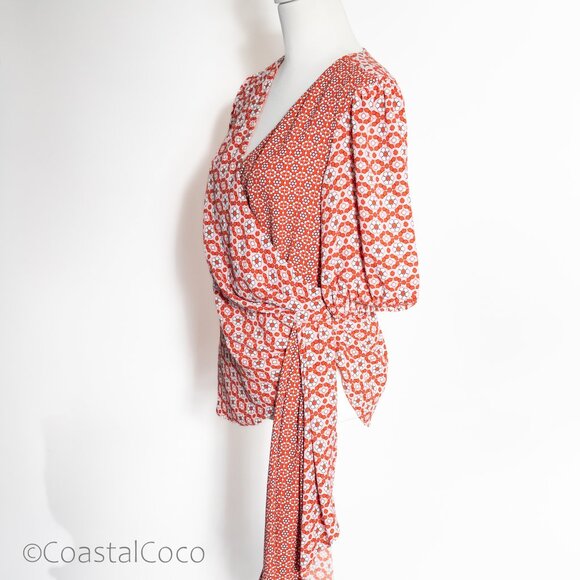 Sachin & Babi Wrap Blouse Top 8 Floral Asymmetric Puff Sleeve Retro Artsy Boho - Picture 2 of 14